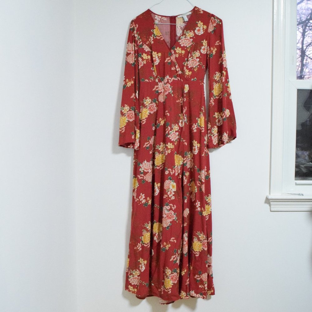 NWT Red Floral Chinoiserie Print Faux Wrap Romper Maxi Dress | Size